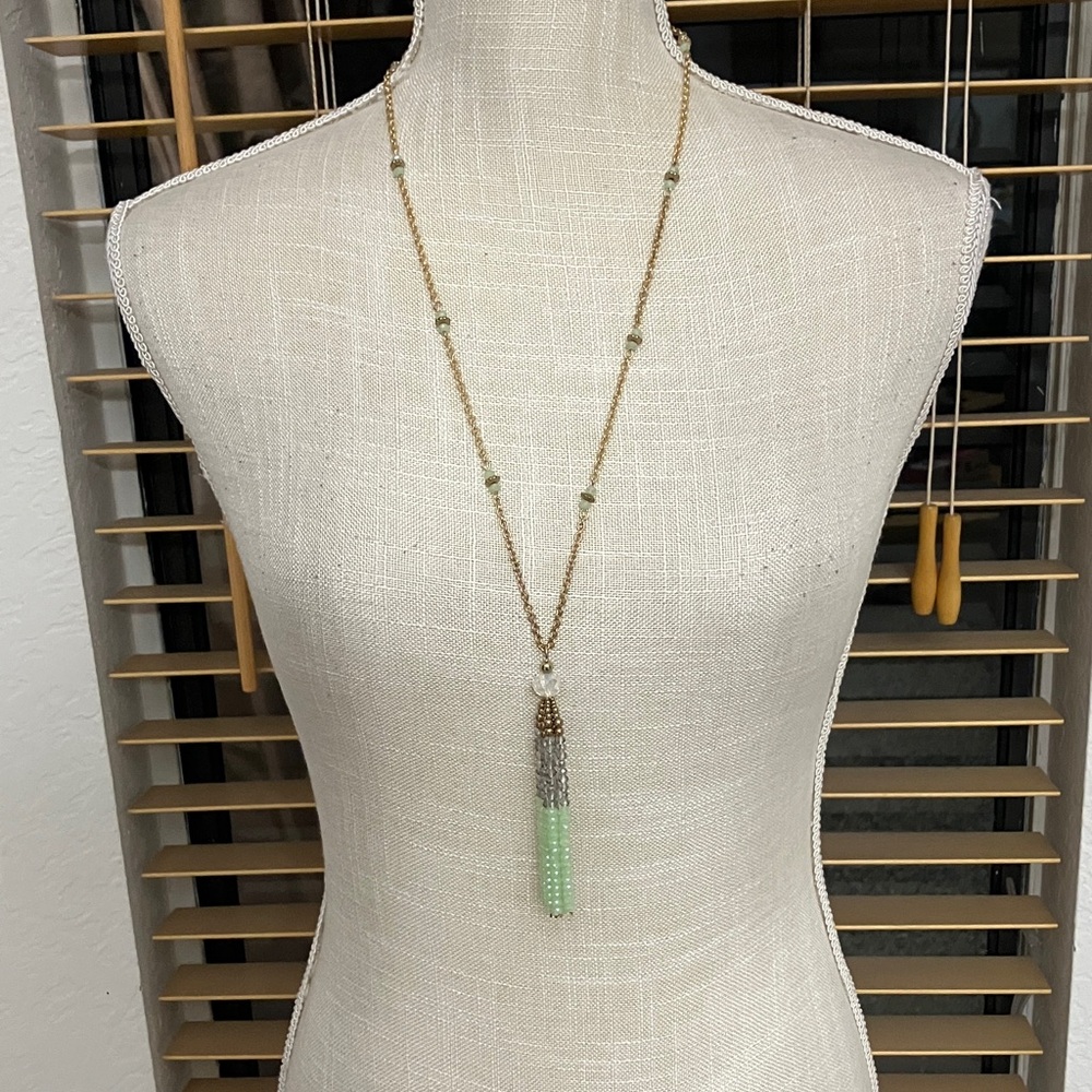 Beaded long Tassel Necklace mint‎ green, gold, and iridescent beads , like new